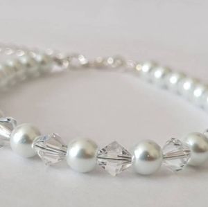 White Glass Pearl and Swarovski Crystal Bicone Beaded Bracelet, White Pearl